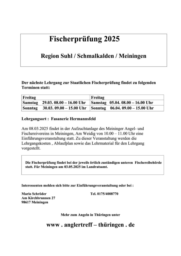 Für 2025 sind neue Termine zur Fischerprüfung im Raum Meiningen veröffentlicht. 